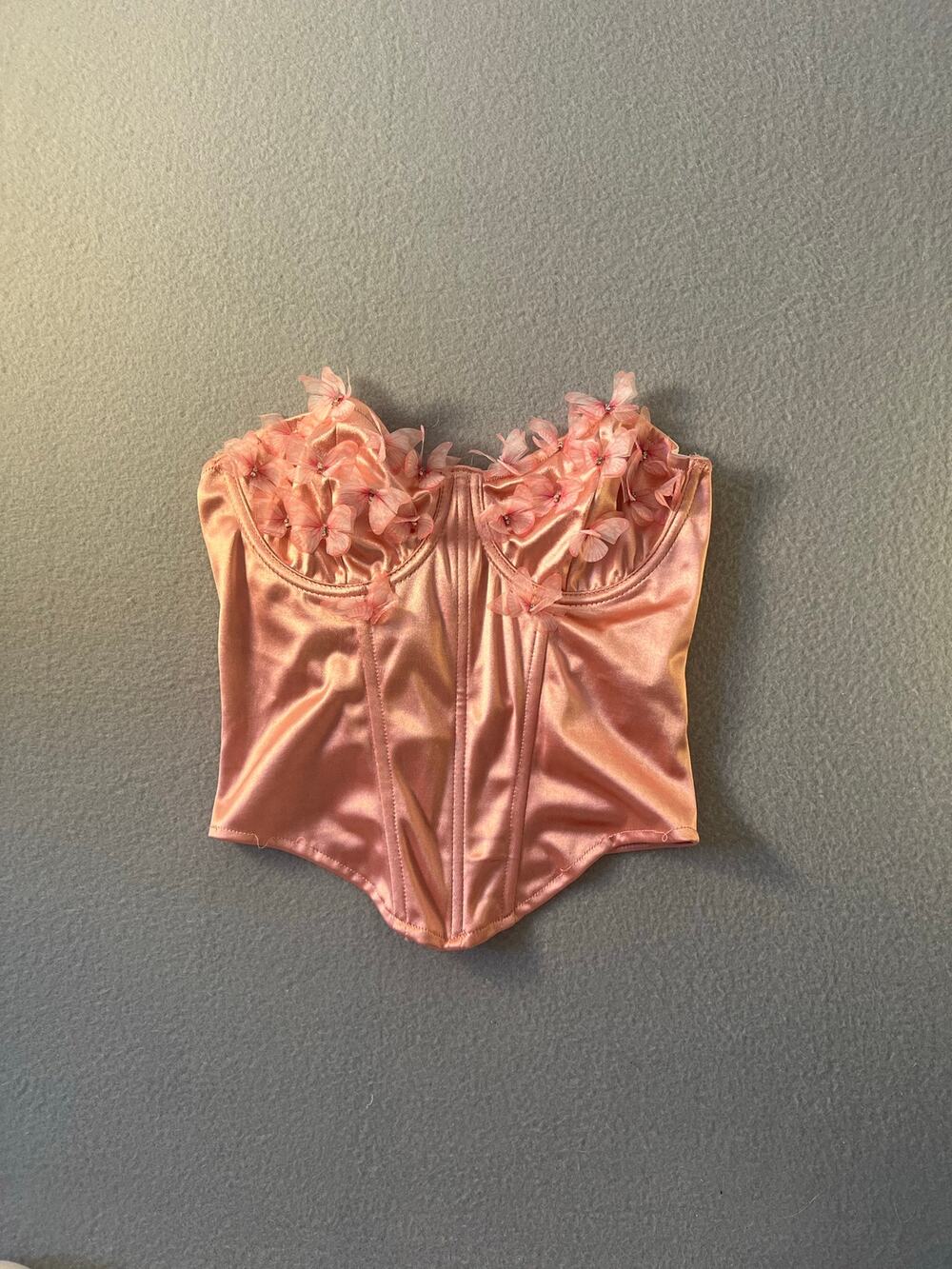Pink Satin Floral Butterfly Corset Bustier Top Size S Fairycore Coquette